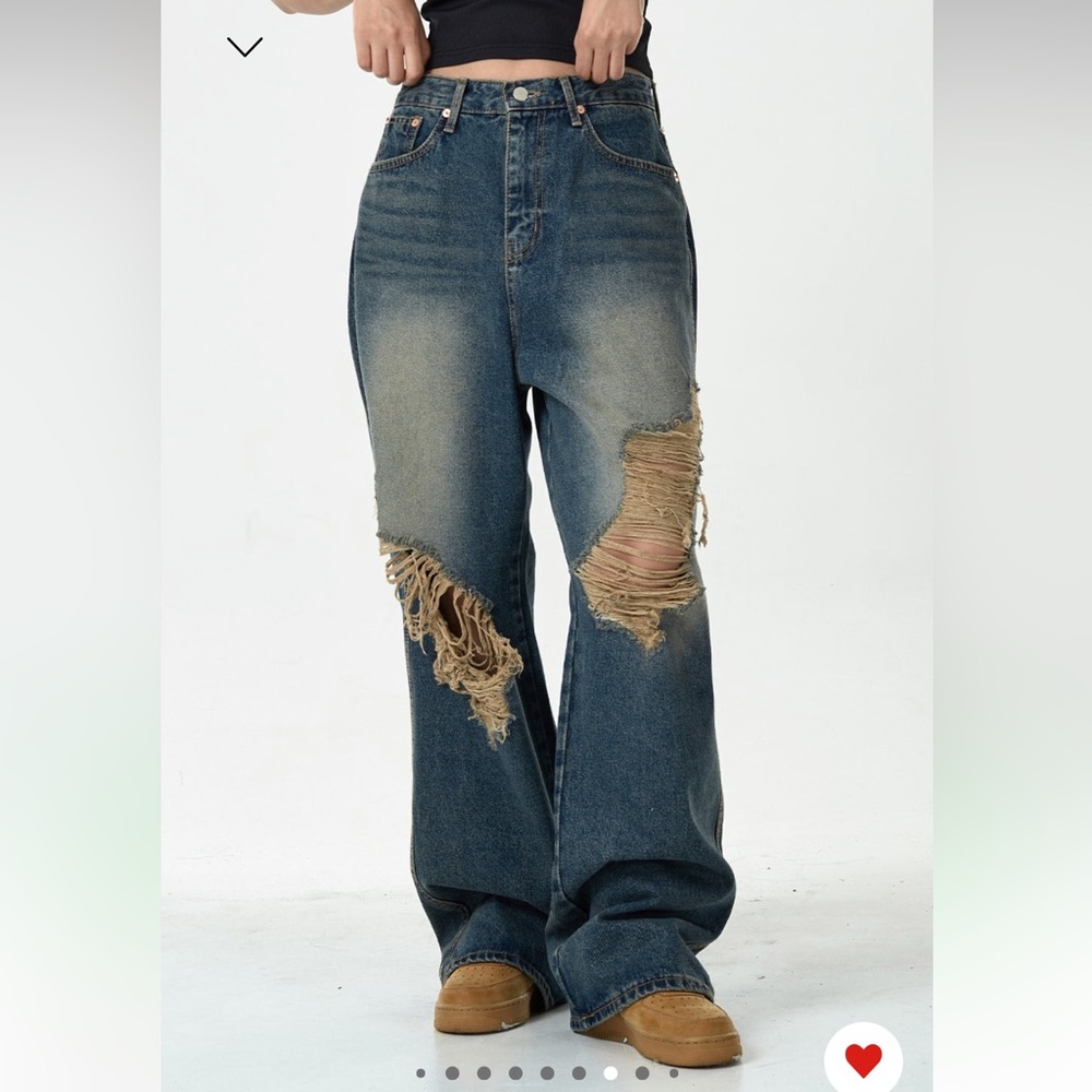 Vintage washed distressed ripped wide leg baggy jeans